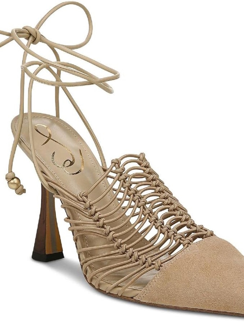 Sam Edelman Beige Woven Lace-Up Pointed Toe Heels